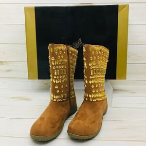 *NWT Joan Boyce Cognac Suede Gold Studded Boots